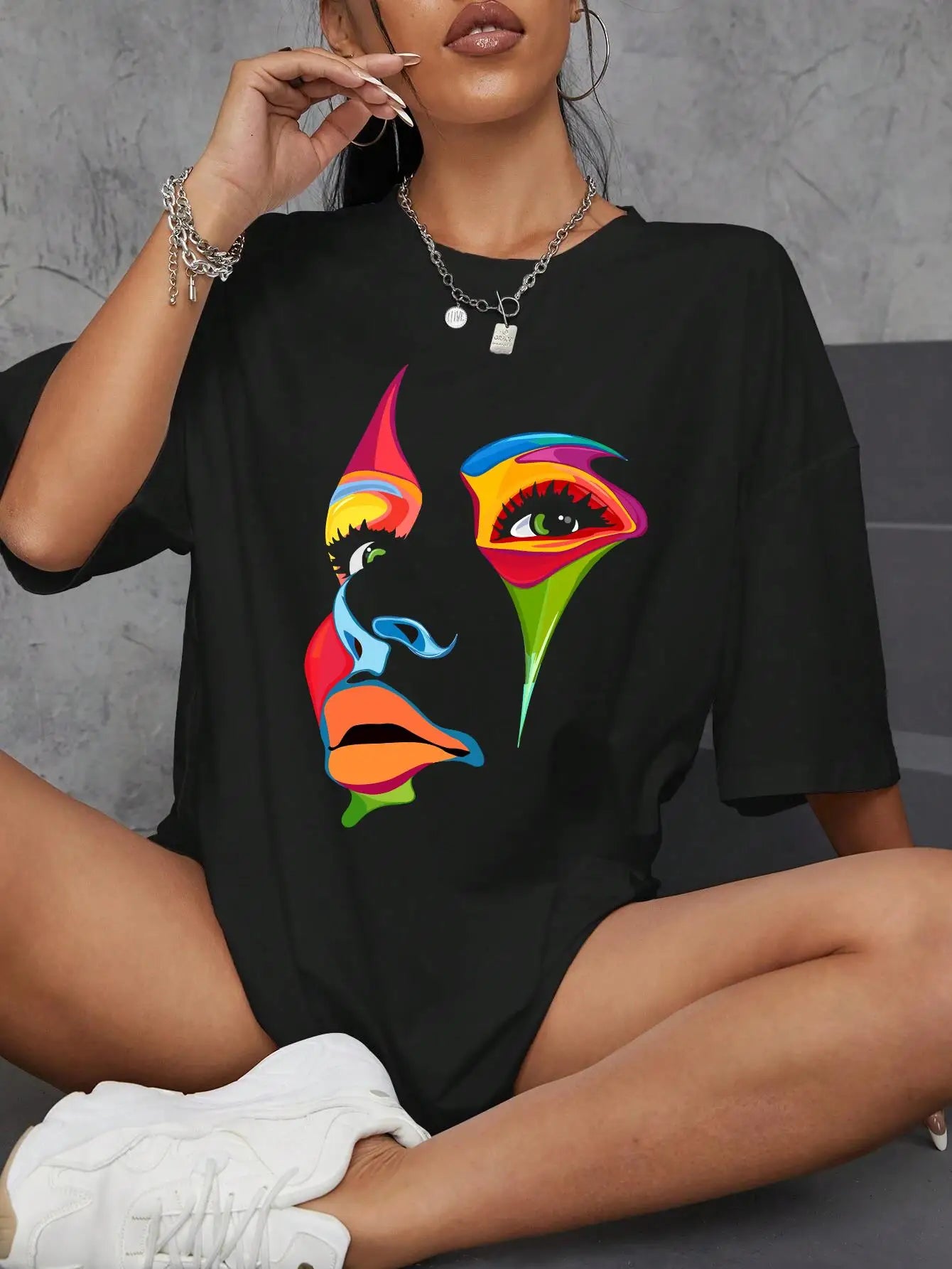 Painted Lady Face Personality Design Print T Shirt Female Street Comfortable T-shirt Soft Tops Breathable Short Sleeve