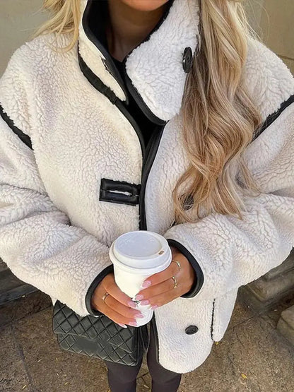 Plush Stand Collar Jackets Coat Lambwool White Single-breasted Pockets Jacket Female Autumn High Street Outwear