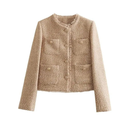 O-neck Pockets Short Coats for Autumn Long Sleeve Single Breasted Tweed Jacket New Cropped Coats Female
