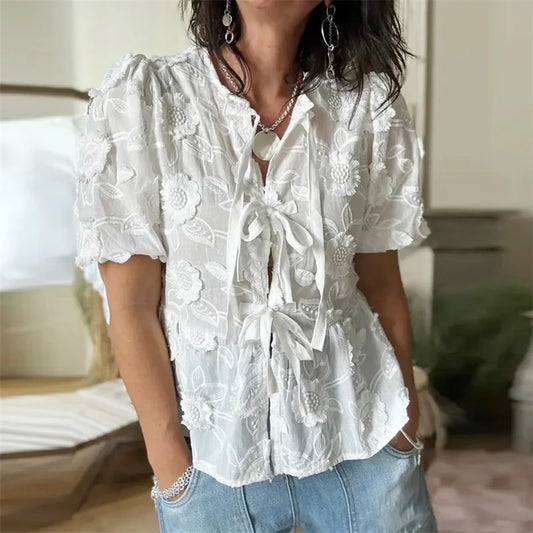 Babydoll Tops Y2k Clothes Embroidery Round Neck Puff Short Sleeve Shirts White Blouses
