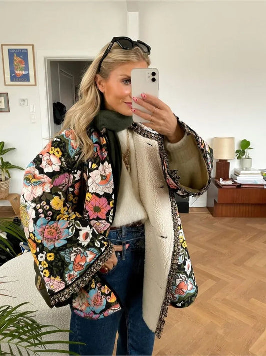 Flower Printed Spliced Coat for Long Sleeve Thick Warm Cotton Jacket Autumn Winter