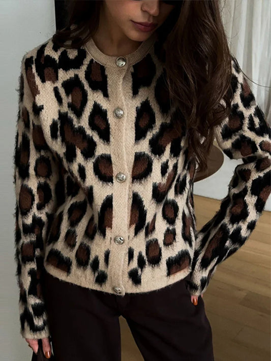 Knitted Leopard Cardigan Slim Single Breasted O-neck Sweaters Female Versatile Basic Street Knitwear