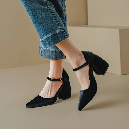 Velvet High Heels Shoes Female Ankle Straps Black Green Heeled Pointy Party Shoe Dress Pumps 45