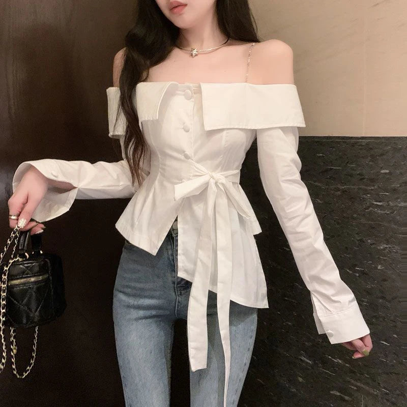 Slash Neck Shirts Ruffles Bandage White Blouses Korean Chain Long Sleeve Design Slim Tops New
