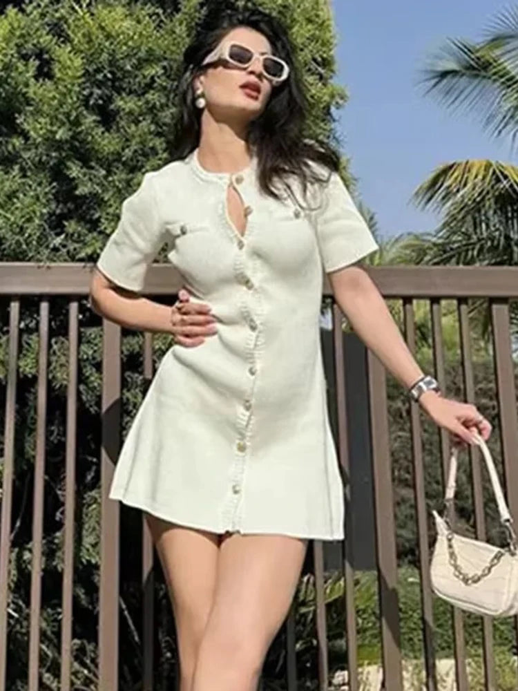 White Knitted Mini Dress for Metal Button Slim Rib Sweater Dress Holiday Party Outfits Autumn New