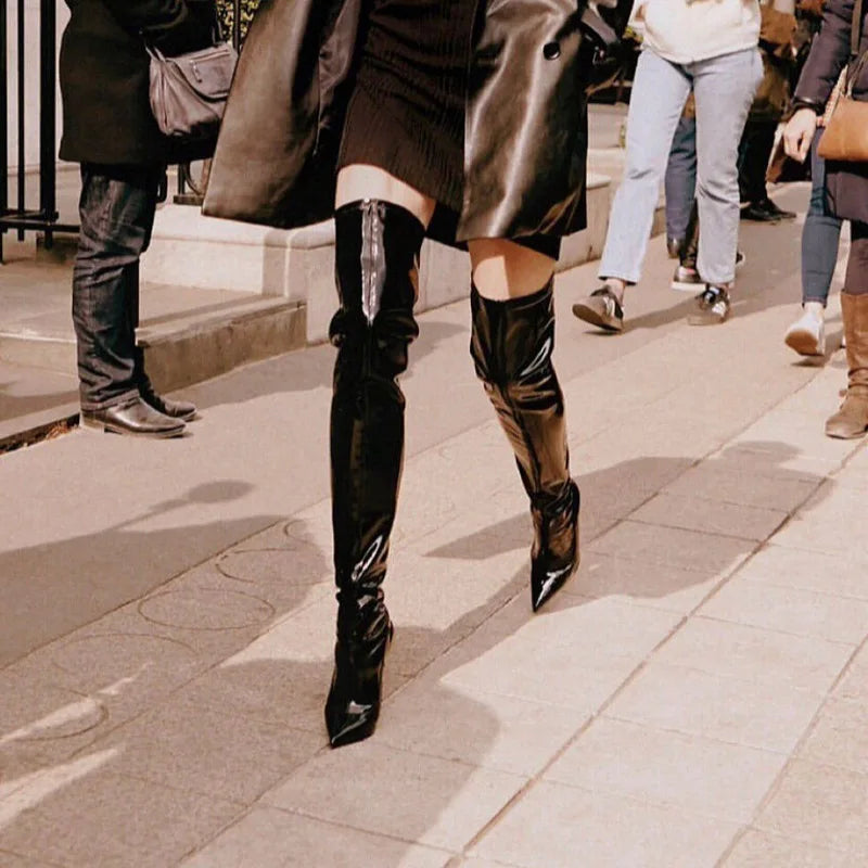 Autumn Pointed Toe Side Zipper Elastic Stiletto Over the Knee Boots Punk Patent Leather Sewing Shoes