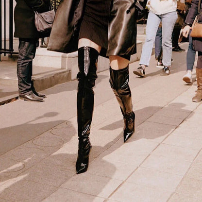 Autumn Pointed Toe Side Zipper Elastic Stiletto Over the Knee Boots Punk Patent Leather Sewing Shoes