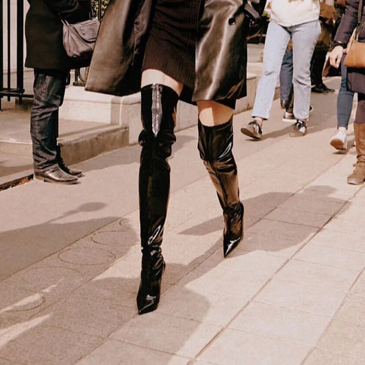 Autumn Pointed Toe Side Zipper Elastic Stiletto Over the Knee Boots Punk Patent Leather Sewing Shoes
