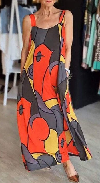 Print Spaghetti Strap Dresses Pocket Loose Long Dress Lady Commuting Clothing Maxi Vestidos Summer New