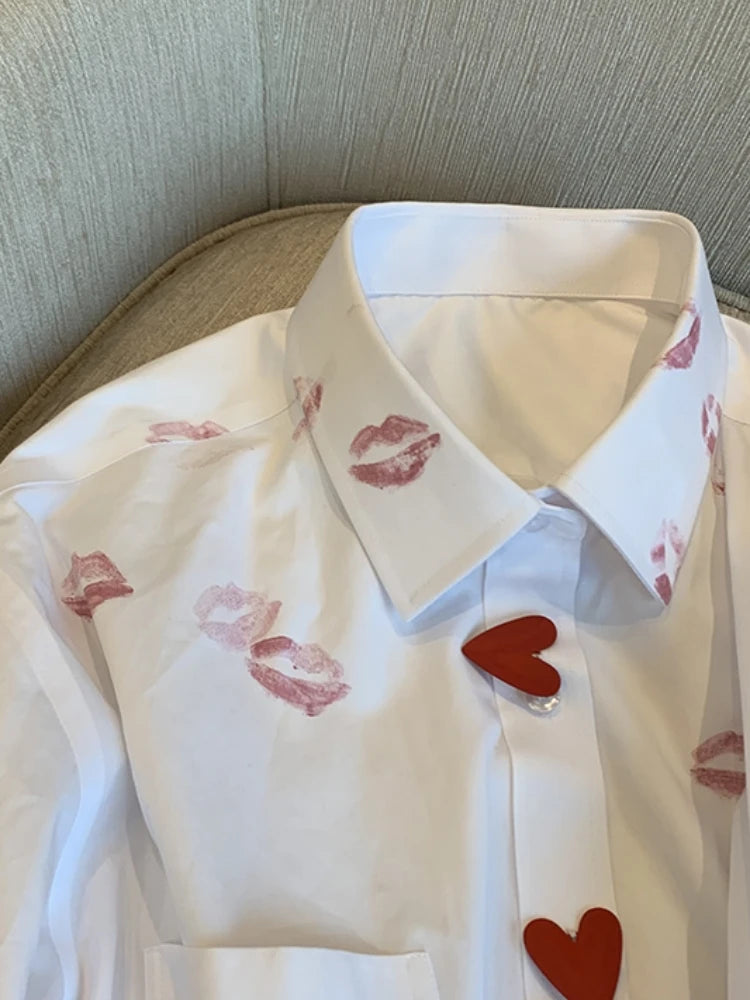 French Style Turn Down Collar Blouse Spring Print Heart Button White Long Sleeve Blusas Harajuku Loose Lip Shirt
