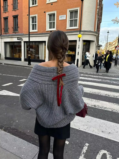 Off Shoulder Wrap Sweaters Autumn Slash Neck Long Sleeve Pullover Female New Loose Irregular Jumpers