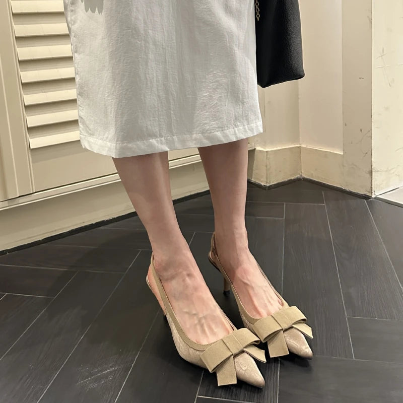 Bowknot Pointed Toe Thin Heel Sandals Satin Designer Heels Prom Backless Dress Shoes Zapatos De Mujer