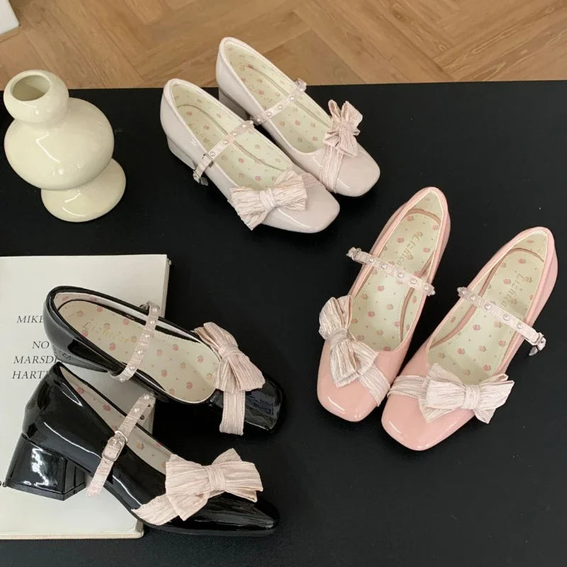 Butterflyknot Sweet Mary Jane Shoes Chunky Dress Shoes Shallow Designer Pumps Buckle Square Toe High Heels