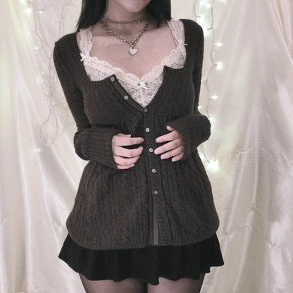 Coquette Grunge Y2k 00s Sweater Single Breasted Long Sleeve Cardigan 00s Aesthetic Kawaii Knitwear T-shirt Clothes