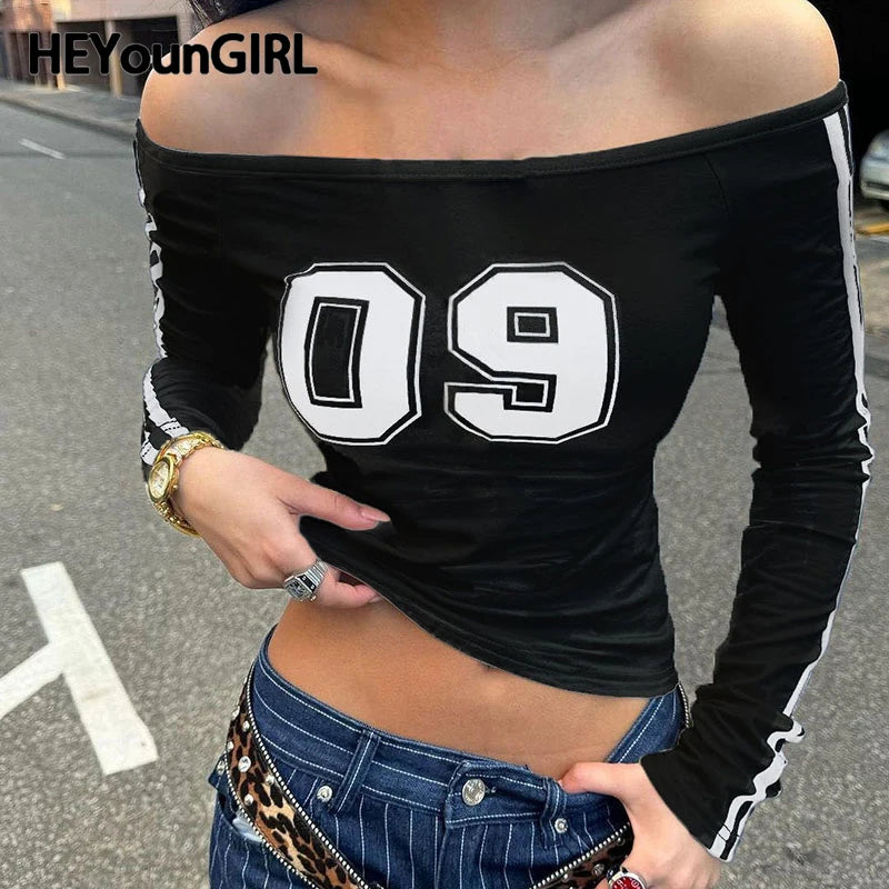 Contrast Digital Print Long Sleeve T-shirt Off Shoulder Black Y2k Side Striped Crop Top Harajuku Korean Style