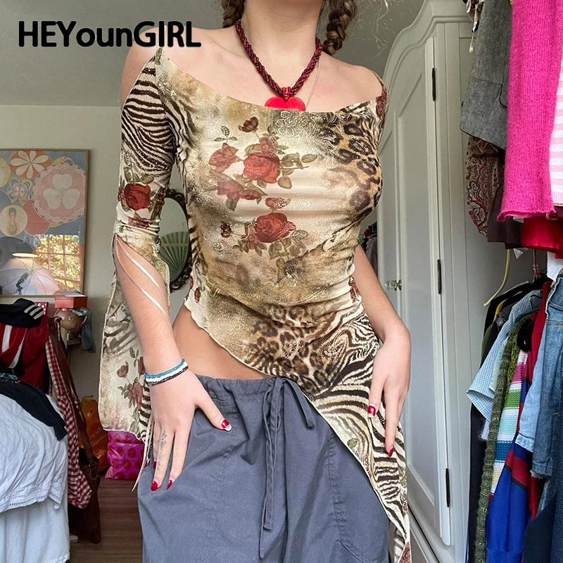 Asymmetric Tiger Pattern Rose Print T-shirt Y2k Long Sleeve Off Shoulder Suspender Top