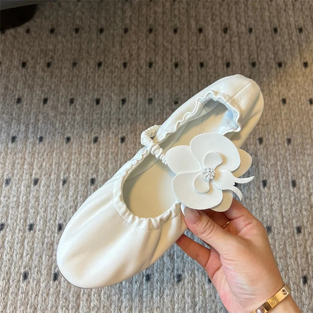 Round Toe Flower Sandals Flat Mary Janes Elastic Band Ballet Shoes Slip on Wrinkles Summer Dress Shoes