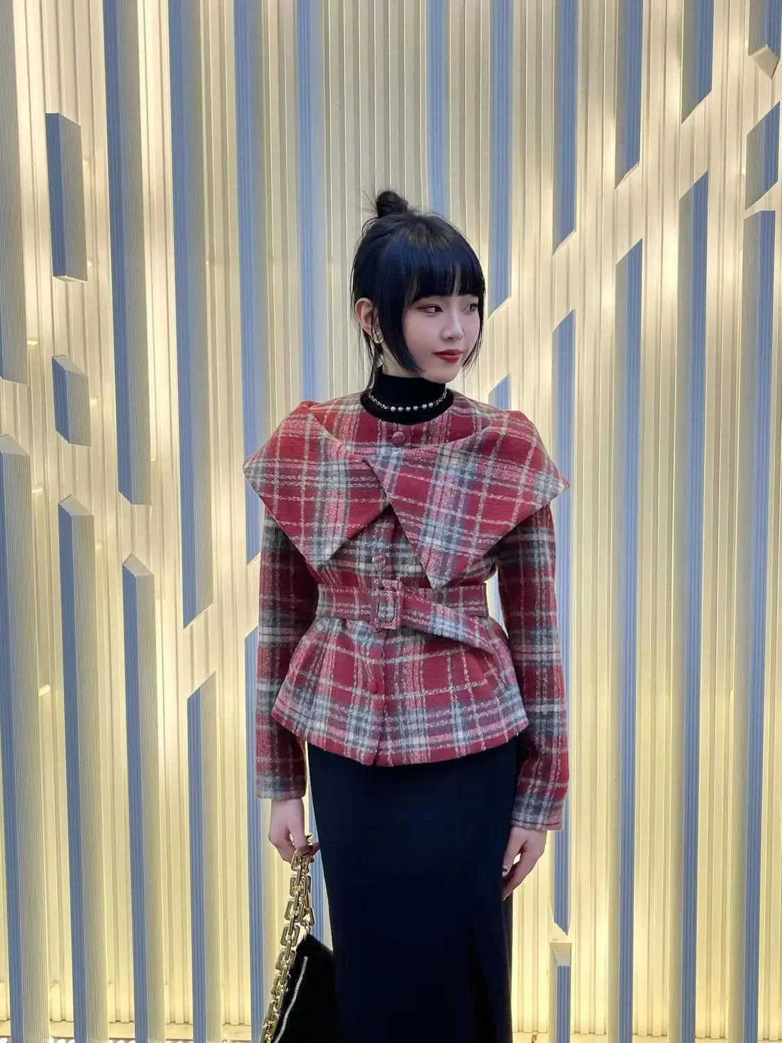 French Retro Plaid Wool Coat for Autumn/winter New High End Temperament Waist Cinching Strap Short Jackets Clothing