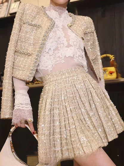 Small Fragrance Autumn Winter Beading Tweed Pearls Short Jacket Coat + Mini Pleated Skirt Suit Two Piece Sets Outifits
