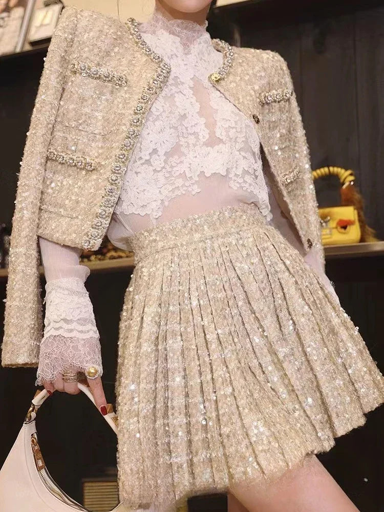Small Fragrance Autumn Winter Beading Tweed Pearls Short Jacket Coat + Mini Pleated Skirt Suit Two Piece Sets Outifits