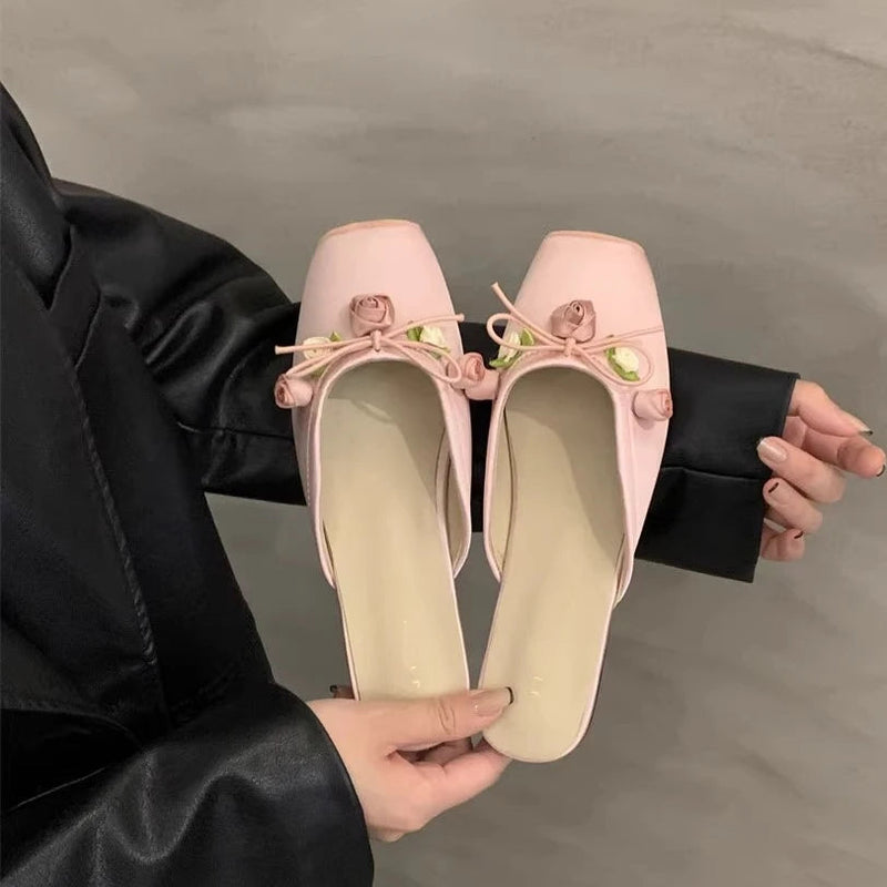 Satin Flower Slippers Summer Nonslip Slide Comfy Light Style Sandals Flat Mule Shoes
