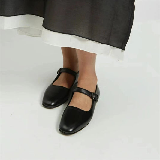 Brand Mary Jane Genuine Leather Flats Shoes Woman Buckles Flat Comfort Loafer Shoes Soft Leather Flats