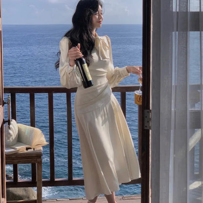 Stain Midi Dresses for Long Sleeve Oneck Bow Tie Aline Korean Vestidos Folded Design Party Prom New