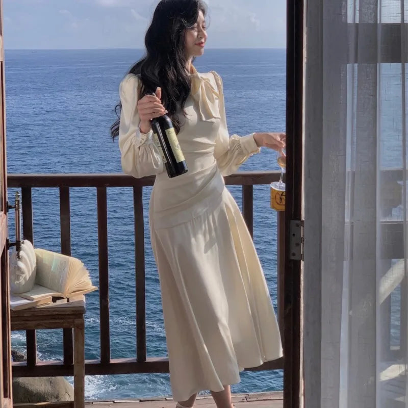 Stain Midi Dresses for Long Sleeve Oneck Bow Tie Aline Korean Vestidos Folded Design Party Prom