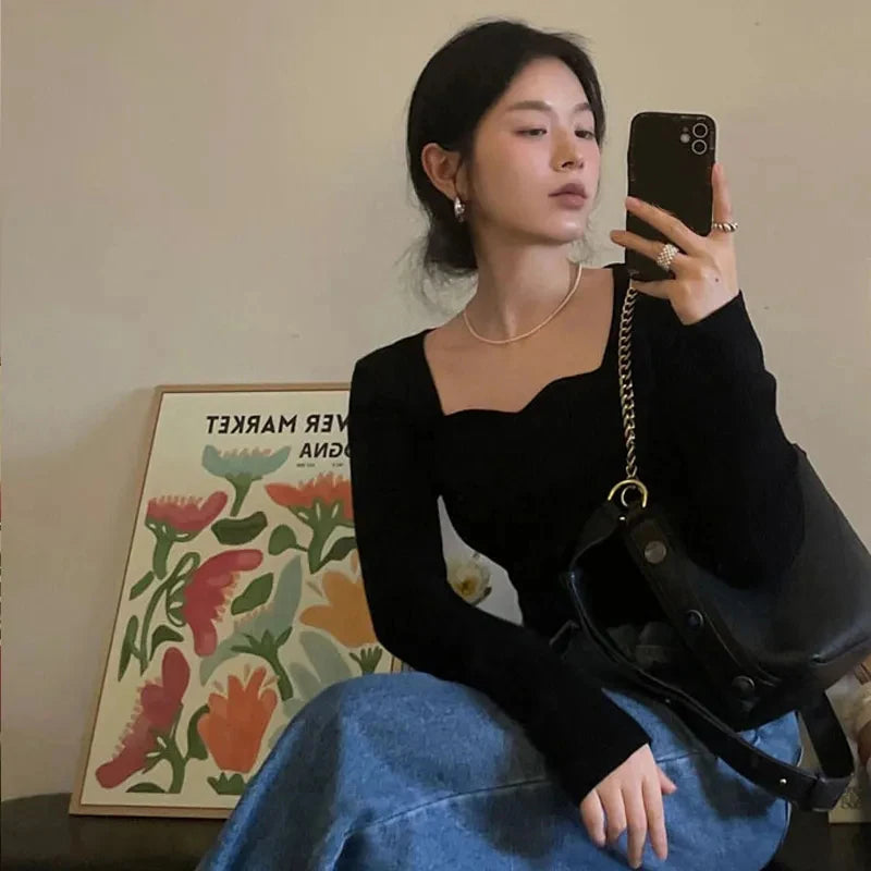 Knitted Pullovers Sweaters Autumn Winter Korean Slim Knitwear Square Collar All Match Jumpers New
