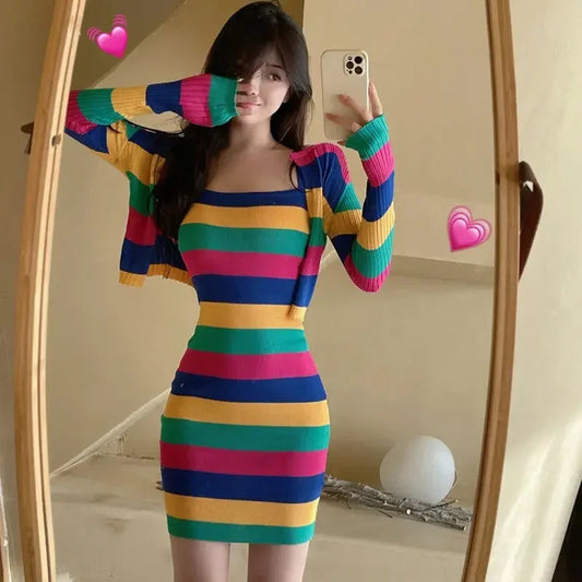 Sweet Hot Girl Suit Autumn and Winter Striped Slim Fit Wrap Hip Strap Dress Longsleeved Knitted Cardigan Twopiece Set