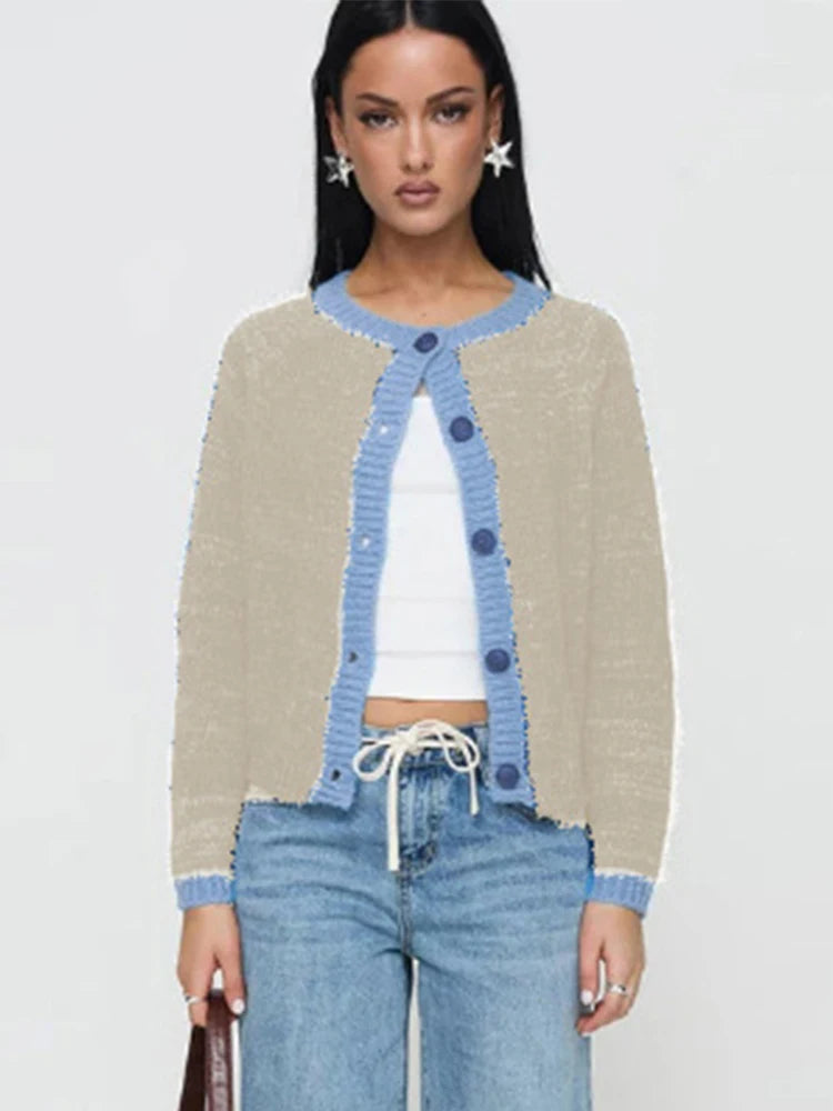 Knitted Single-breasted Cardigan Loose Contrast Color O-neck Pullover Sweaters Female Autumn Street Tops