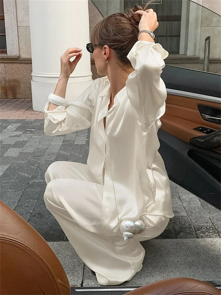 Commute 2 Piece-set Trousers Shirts and High Waist Wide Leg Clothes Outfits ’s Pants Sets