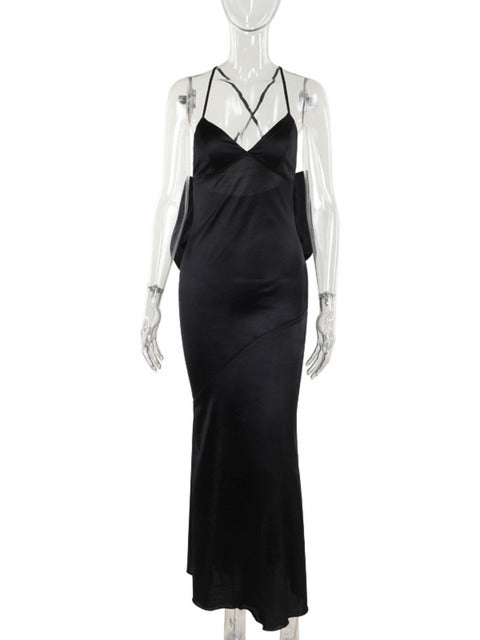 Bow Backless Maxi Dress for Satin Spaghetti Strap V Neck Sleeveless Club Party Long Dress