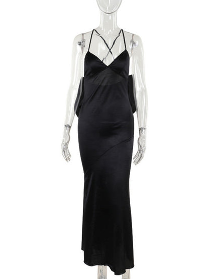 Bow Backless Maxi Dress for Satin Spaghetti Strap V Neck Sleeveless Club Party Long Dress