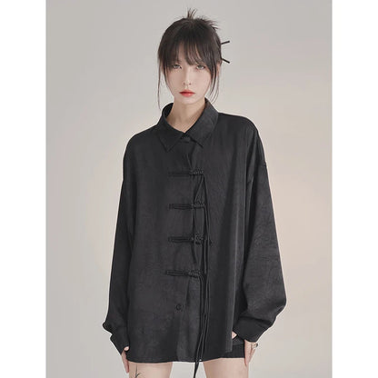 French Elegance Black Blouses Baggy Lapel Collar Korean Lady Sweet Cross Bandage Exquisite Shirts Single Breasted