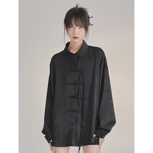 French Elegance Black Blouses Baggy Lapel Collar Korean Lady Sweet Cross Bandage Exquisite Shirts Single Breasted