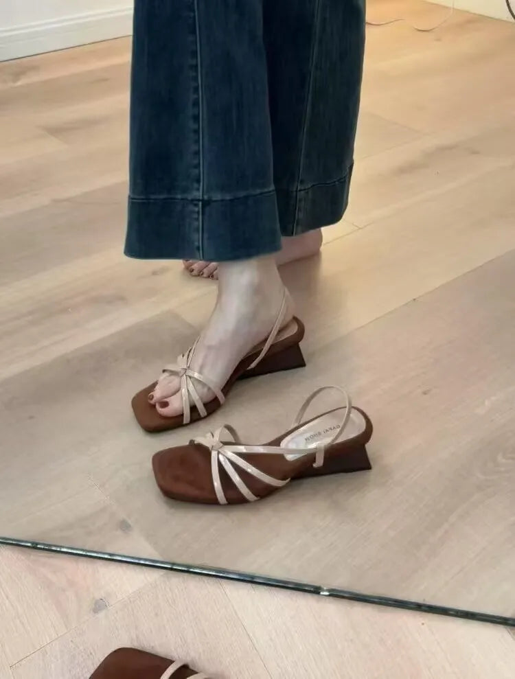 Kitten High Heels Open Toe Sandals Cross Narrow Band Low Slippers Stylish Comfortable Multiwork Shoes Flat Heels