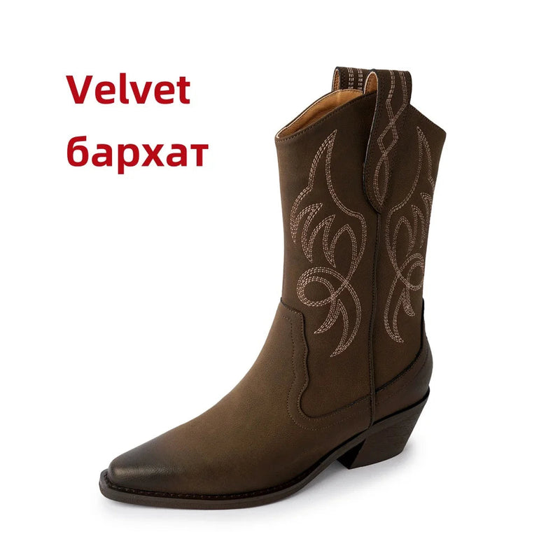 Embroidered Western Cowboy Boots for Autumn Pointed Toe Thick Heel Midcalf Boots Woman Leather Long Warm Shoes