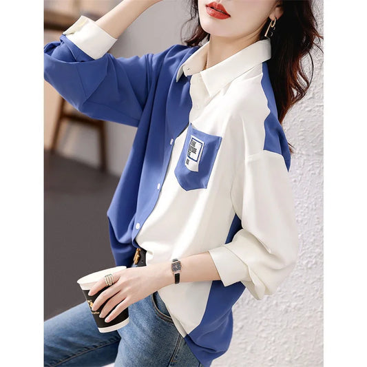 Woman Spring Autumn Style Blouses Shirts Lady Long Sleeve Turn-down Collar Patchwork Printed Blusas Tops Df4852