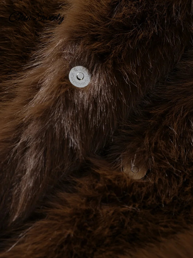 ’s Brown Faux Fur Coat Lapel Mid-length Loose Imitation Plush Furry Buckle Overcoat Winter Lady Thick Warm Outwear