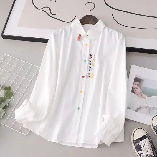 Spring Autumn Style Blouses Shirts Lady Long Sleeve Turn-down Collar Cartoon Embroidery Blusas Tops Df4996