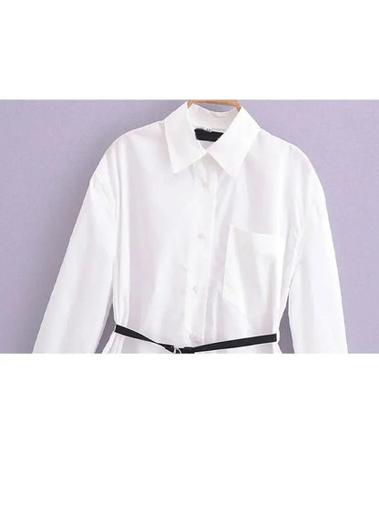 Spring Loose Blouses With Belt White Long Sleeves Shirt Top Buttons Female Lapel Shirt