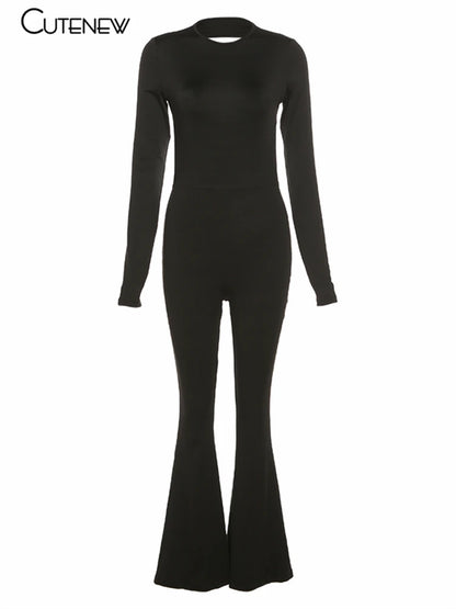 Black Backless Bodycon Wide Leg Jumpsuit Autumn Slim Long Sleeve O-neck Playsuit Lady