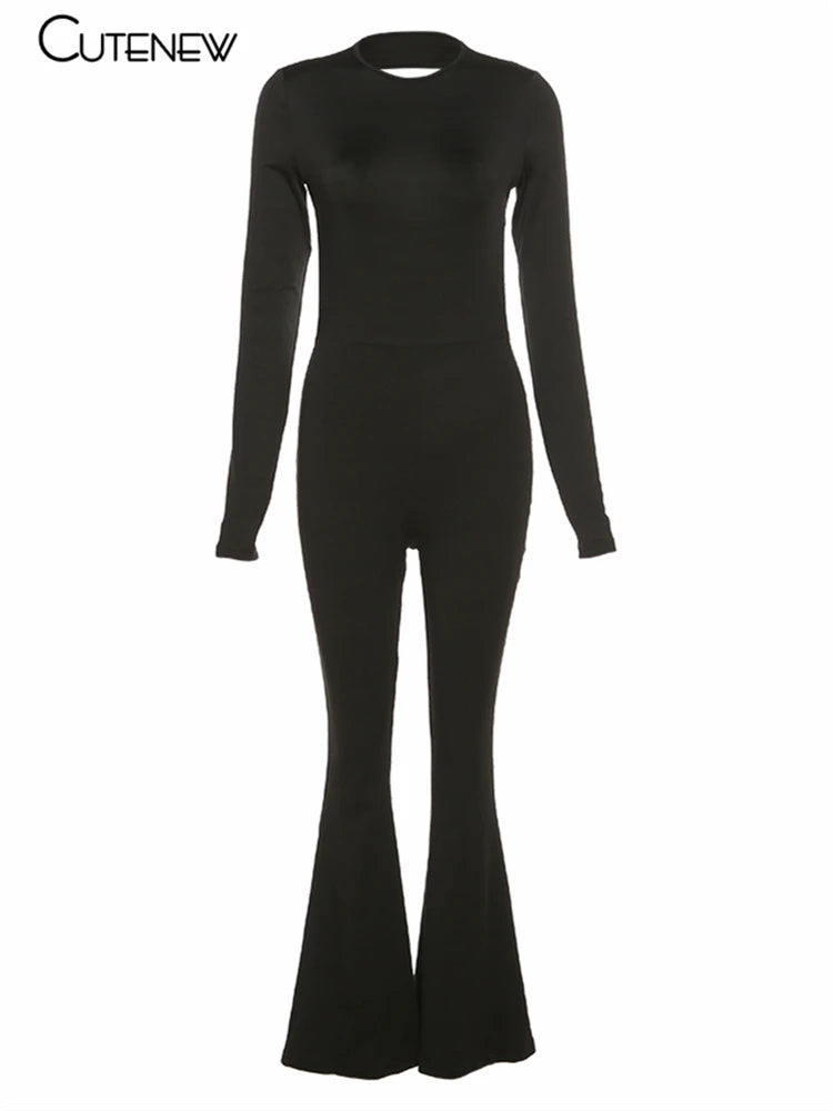 Black Backless Bodycon Wide Leg Jumpsuit Autumn Slim Long Sleeve O-neck Playsuit Lady