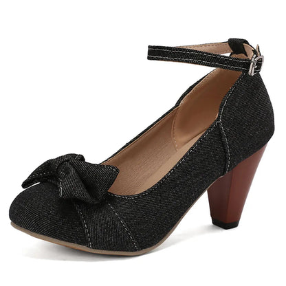 48 Brand New Round Toe Chunky Heel Pumps Bow Buckle Summer Party Shoes