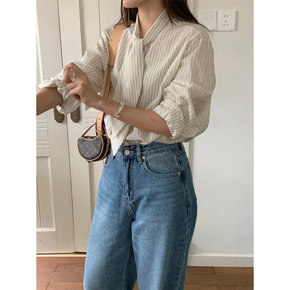 Striped Shirts Tie Long Sleeve Blouses Office Korean Single Breasted Design Tops