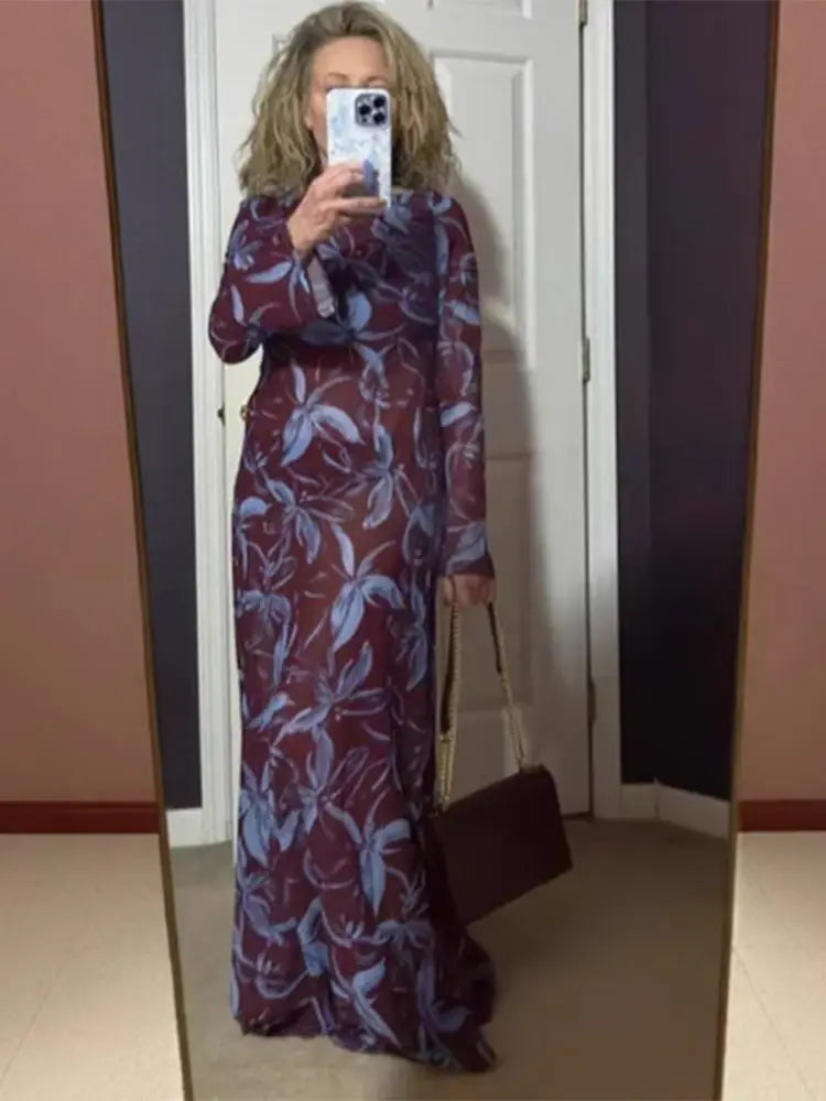 Retro Printed O-neck Holiday Dress Full Sleeve Waist-cinching Long Dresses Female Summer Street Vestidos
