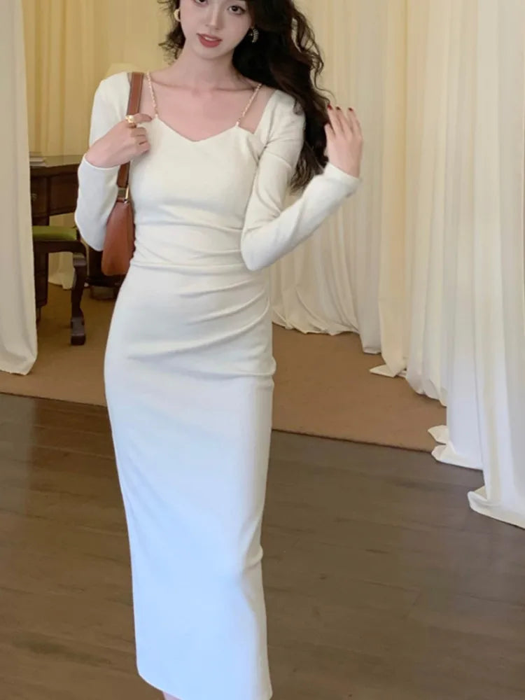 Chain Square Neck Long Sleeves Midi Dresses Spring New French Bodycon Evening Party Female Clothing