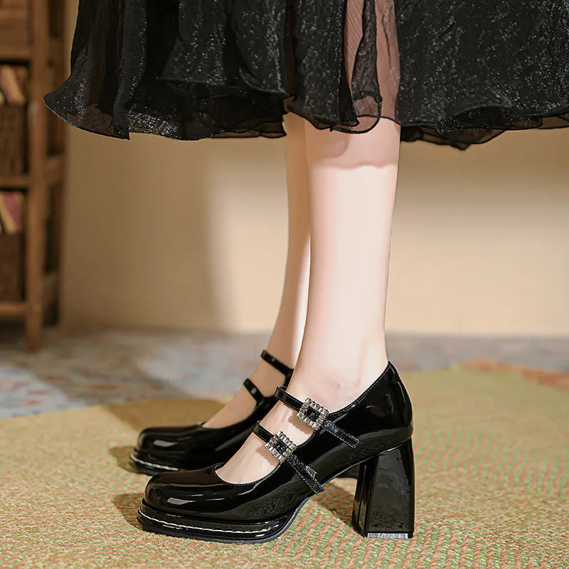Shallow Mouth High Heel Leather Shoes Slip on Mary Jane Chunky Sandals Increasing Height Clogs for Laceup Navy Blue Pumps