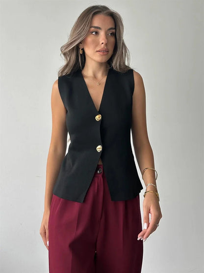 Knit V-neck Sweater Tank Top High Waist Patchwork Autumn Knitwear Y2k Cardigan Top Vest
